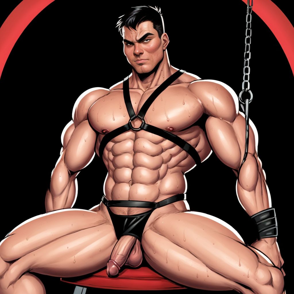 Hombre musculoso con arnés de cuero negro, sentado en un columpio sexual, mostrando su torso desnudo, con piernas abiertas y pene visible, en un ambiente oscuro y sensual, con luces rojas y sombras profundas, ropa interior negra y detalles de sudor en la piel.
