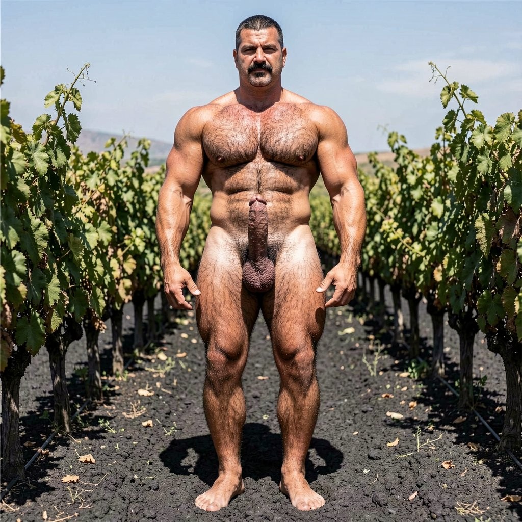 Un hombre desnudo, musculoso y muy velludo posa de pie en un viñedo, mirando directamente al frente con expresión seria y postura firme. Tiene el pelo corto oscuro, bigote y barba recortada, pecho ancho, abdominales marcados, brazos fuertes y piernas robustas; su pene y el vello púbico quedan visibles en el centro del cuerpo. Está descalzo sobre un suelo oscuro y seco, entre hileras ordenadas de vides verdes cargadas de hojas, con luz solar intensa que resalta la textura de la piel, el torso y la vegetación. El fondo rural, el cielo despejado y la composición simétrica refuerzan una escena cruda, natural y frontal.