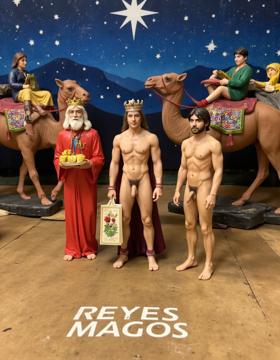 Nativity-scene or diorama-style scene of the “Three Wise Men” with a starry blue background, a large white star, and mountain silhouettes, set on a workshop floor where the text “REYES MAGOS” is painted. In the foreground there are three main figures: an elderly king dressed in a red robe and crown holds a golden chest, while two naked men with crowns or dark hair stand with visible penises, capes, and ornaments on their wrists and ankles. Behind them, two saddled camels with colorful blankets carry seated women reading or looking at books, creating a theatrical, Christmas-like, and surreal mixture.