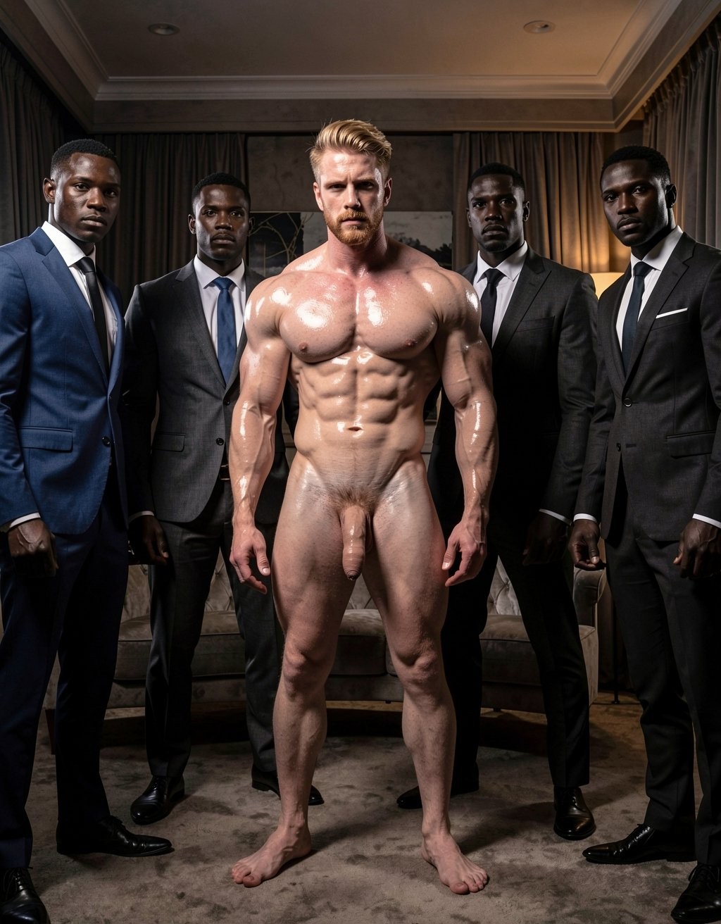 An extremely muscular blond man poses nude in the center of an elegant room, with an oiled torso, defined abs, huge arms, and visible penis, facing forward with a serious and dominant expression. Around him are four Black men dressed in dark formal suits, shirts, and ties, standing in a firm and watchful attitude, like bodyguards or companions. The interior setting has dramatic, warm lighting, dark curtains, a molded ceiling, and luxury furniture in the background, creating an intense, high-contrast, theatrical scene where the bodybuilder physique, frontal nudity, visual tension, and symmetrical composition stand out.