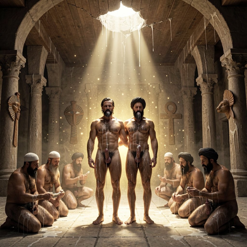Two naked men stand in the center of an ancient Egyptian-style stone temple, illuminated by an intense beam of light entering through a broken opening in the ceiling and highlighting their muscular bodies, shiny skin, and the visible penis of both. Around them, several bearded men, wearing turbans or white caps, are kneeling or sitting in a ritual attitude, some looking at tablets or objects in their hands, creating a solemn scene of sacred ceremony. The carved columns, symbols such as the ankh, pharaonic reliefs, decorative heads, and dust suspended in the air reinforce a mystical, archaeological, and ceremonial atmosphere inside an ancient sanctuary.
