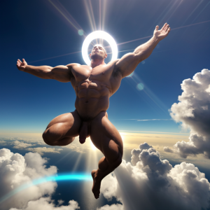 Dos hombres machos musculosos desnudos delgados muy viriles con pene grande y testículos grandes y peludos. Tiene pene erecto y grande, tiene testículos grandes y peludos. Tiene aro luminoso blanco y azulado en su cabeza, está iluminado por una gran luz divina. Está volando por las nubes del cielo. Es  muy atractivo. Está volando entre nubes con los brazos abiertos, flotando y rodeado de nubes. Tiene las piernas abiertas volando 