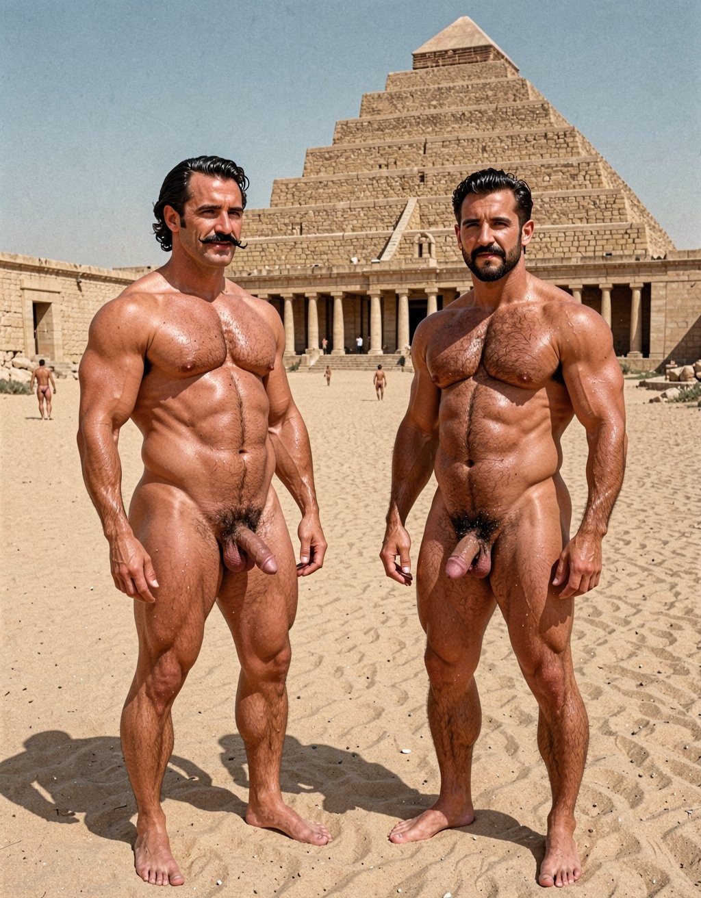 Perfectly rendered full-body scene at the Step Pyramid complex in Saqqara, Egypt, 1938. Two extraordinarily muscular naked men stand facing the ancient monument in the middle of the desert. Harsh midday Egyptian sun beats down on their bodies creating strong shadows on the golden sand. Low frontal camera angle captures both figures in one flawless full-body composition from the soles of their bare feet on the hot sand up to the tops of their heads, perfect perspective, zero deformations.

On the left stands Errol Flynn, 30 years old, 1.86 m, 80 kg, 6% body fat, athletic build, completely smooth hairless chest and torso covered in a fine layer of sweat, defined six-pack, deep linea alba, sharp Apollo's belt. Jet-black hair slicked back with brillantina in a marked wave to the right, ultrafine horizontal black mustache trimmed with surgical precision. His cock is perfectly rendered and fully visible in semi-erection at exactly 20 cm, uncircumcised with retracted foreskin revealing plump pink-purple glans, straight shaft with slight leftward curve, hanging scrotum. Dense black curly pubic hair. Skin glowing with sweat under the sun.

On the right stands Masri, 30 years old, 1.72 m, 75 kg, compact dense athletic build, wide shoulders, abundant thick black chest hair wet with sweat, olive-cetrina skin darker and oilier under the desert sun. Prominent aquiline nose, thick classic black mustache and beard. His cock is perfectly rendered and fully visible, thick mace-like shaft, strong upward curve, circumcised with large mushroom-shaped glans, heavy low-hanging testicles. Complete visibility.

Behind them: the Step Pyramid of Djoser rises against a clear blue sky, six stepped mastabas of yellowish limestone blocks perfectly visible. The pyramid stands in the center of the frame with the funerary complex walls, the entrance colonnade with engaged columns, the Heb-Sed court, and the desert landscape stretching to the horizon. No crowds, only a few tiny figures of other naked men in the distance. Sand dunes, patches of dry scrub, the South Tomb structure visible on the side.

Hyperrealistic cinematographic photography, extreme microscopic detail on every muscle fiber, sweat droplet, individual hair strand, skin pore, texture of sand and ancient limestone, both cocks perfectly corrected and fully visible, harsh desert lighting creating dramatic shadows, dust particles in the air, film grain texture of 1930s photography, zero deformations, zero distortions, perfect full-body perspective.