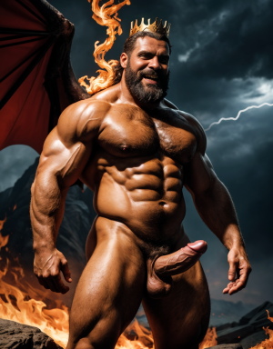 Cneo Pompeyo Magno desnudo con pene grande y testículos grandes peludos. Dobla el brazo derecho para enseñar los bíceps del brazo derecho con gran orgullo. Tiene mucho vello por todo el cuerpo. Está bronceado. Tiene corona de oro. Tiene alas de diablo negras y rojas oscuro. Los brazos están hacia arriba implorando rayos y fuego. Tiene un chorro de fuego en el pene que sale a chorros rojos hacia arriba de su pene erecto tieso hacia arriba. Sus ojos son grandes y rojos. Está enseñando sus grandes testículos. Tiene testículos grandes y oscuros. Está alumbrado con mucha luz roja por todo el cuerpo. Es muy atractivo. Está rodeado de llamas y humo. Tienen cara de maldad y con barba. Se ven los pies. ¿Donde están sus pies? quiero ver los pies