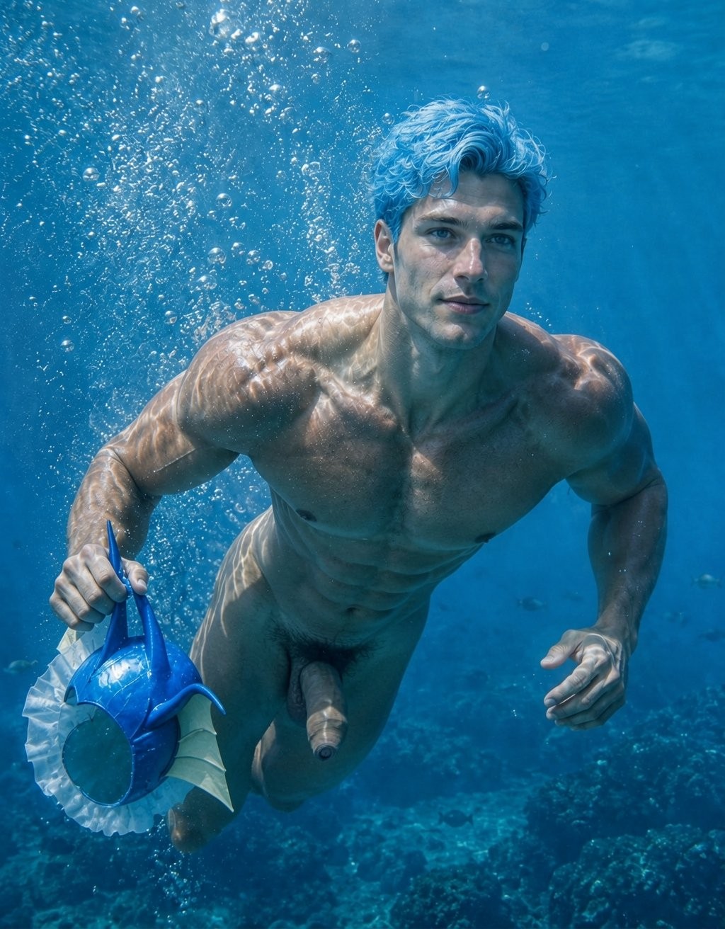 A naked man swims underwater in a bright blue marine environment, with his hair dyed blue and a serene expression as he moves toward the camera. His muscular and defined body is illuminated by rippling reflections of the sun, highlighting his torso, arms, abs, and legs, with his penis visible from the front. In one hand he holds blue and yellow fins, while bubbles rise around him and the seabed with rocks and blurred coral can be seen in the background. The scene conveys a sense of apnea, freedom, physical strength, and natural-style aquatic photography.
