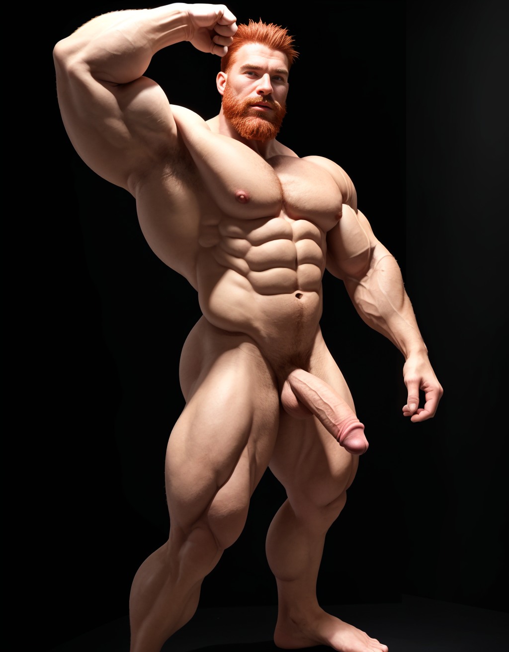 Un hombre de 25 años, de rasgos nórdicos, cabello rojizo y largo, barba rojiza y tupida, larga y trenzada, atlético y musculoso posa en un fondo completamente negro. Su cuerpo está completamente definido y simétrico, con una musculatura desarrollada y visible gracias a una iluminación dramática desde arriba que resalta cada fibra muscular. Se encuentra totalmente desnudo con su hermoso y enorme pene visible . Está descalzo y adopta una pose icónica de fisicoculturismo: su brazo derecho está extendido hacia arriba y hacia un lado, con los dedos señalando en esa dirección, mientras que su brazo izquierdo está flexionado a la altura del hombro, mostrando su bíceps. Su cabeza está girada levemente hacia arriba, siguiendo la línea de su brazo extendido, con una expresión de confianza. La iluminación fuerte y directa genera sombras profundas que acentúan su físico sobre el fondo oscuro, creando un efecto teatral e impactante.