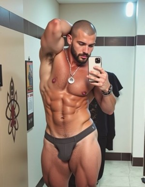 Hombre rapado de 40 años, con gran desarrollo muscular, se hace un selfie en el cuarto de baño para colgar la foto en Xtudr, lleva un calzoncillo ajustado marcando paquete y sobresale el pene. Al posar levanta un brazo y muestra la axila velluda.  Al fondo se ve en el cuarto de baño. 