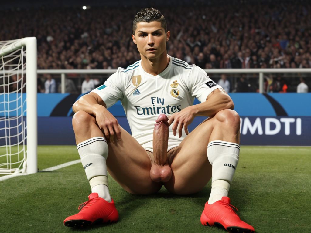 cristiano ronaldo, serio, sentado, en campo de futbol,masturbandose su enorme pene de 30 centimetros y gruesa