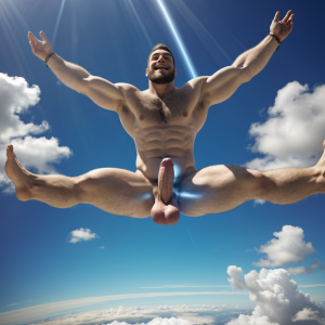 Dos hombres machos musculosos desnudos delgados muy viriles con pene grande y testículos grandes y peludos. Tienen pene erecto y grande, tienen testículos grandes y peludos. Tienen aro luminoso blanco y azulado en su cabeza. Están volando por las nubes del cielo. Están con los brazos abiertos, flotando y rodeados de nubes. Tienen las piernas abiertas y estiradas, volando 