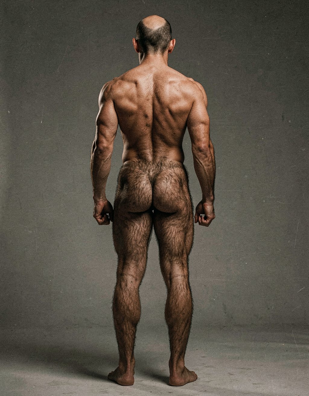 Mike Morris, a 32-year-old extremely lean Caucasian male at only 8% body fat, stands completely naked in a strict military attention pose seen from directly behind in a full posterior view. His back is perfectly straight, shoulders pulled back, arms rigid at his sides with fists clenched, legs straight and together, head held high. The shot captures him from the heels of his feet all the way up to the top of his bald head. His advanced Norwood III-IV baldness is clearly visible from behind, with a smooth tanned scalp on the crown and short dense dark brown hair only on the sides and lower back of the head. His back is highly defined and vascular: wide lats tapering dramatically to a very narrow, tight waist, thick trapezius muscles, and dense dark brown body hair lightly covering the shoulders and becoming much thicker and denser across the lower back and lumbar area, especially between the lats. His ass is tight, muscular and round with almost no fat, the glutes clearly separated. Thick dark hair continues down onto his powerful diamond-shaped calves and the backs of his slightly hairy feet. Dramatic directional studio lighting from above and slightly to the side creates strong highlights on his dry, shredded skin and deep shadows that accentuate every muscle fiber, the texture of his dense back hair, and the extreme vascularity and definition of his 8% body fat physique. Photorealistic, high-contrast, masculine 1970s Colt Studio aesthetic, grainy film texture, commanding and powerful presence.