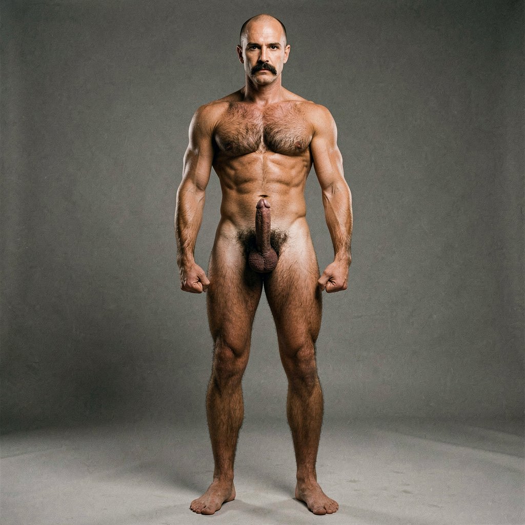 Mike Morris, a 32-year-old Caucasian male with an extremely lean and athletic physique at only 8% body fat, stands completely naked in a strict military attention pose. Full body frontal shot from the tips of his toes to the top of his head. His body is young, dry, and highly defined with sharp muscle separation, visible vascularity, and a very narrow waist. He has advanced Norwood III-IV male pattern baldness with a shiny tanned scalp on top and only short dark brown hair on the sides and back. His face is serious and commanding: square angular jaw, prominent cheekbones, thick dark handlebar mustache, heavy brows, and intense deep-set brown eyes. His massive square pectorals are pushed forward, covered in dense dark brown chest hair that forms a classic thick T-pattern running down the sternum and spreading over his sharply carved six-pack abs. Small dark nipples sit low on the pecs. A prominent trail of dark hair leads to an extremely dense, curly, dark brown pubic bush that climbs almost to his navel. His thick 14 cm flaccid cock hangs heavy over large, low-hanging, hairy testicles, the shaft skin noticeably lighter than his bronzed body. Powerful veined forearms, developed traps, defined quadriceps with clear separation, diamond-shaped calves, and slightly hairy feet complete his figure. He stands perfectly straight, chest out, shoulders back, arms rigid at his sides with fists clenched, head high and gaze fixed forward. Dramatic directional studio lighting from above and slightly to the front creates strong highlights on his dry, vascular skin and deep shadows that accentuate every muscle fiber, the texture of his dense body hair, and the extreme definition of his 8% body fat physique. Photorealistic, high-contrast, 1970s Colt Studio masculine aesthetic, grainy film texture.