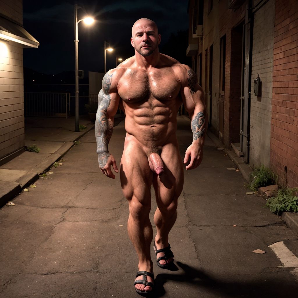 Un skinhead de 30 años, completamente desnudo, delgado, con el pene visiblemente expuesto, se yergue con seguridad a plena vista. Lleva sandalias resistentes que realzan su musculatura. Está andando de forma segura y viril. El escenario es un entorno urbano con un fondo sombrío, que realza su porte audaz y su imponente presencia. La iluminación realza su físico, resaltando sus tatuajes y músculos definidos. Tiene su mano meneando su pene, masturbación. Tiene mucho vello por todo el cuerpo