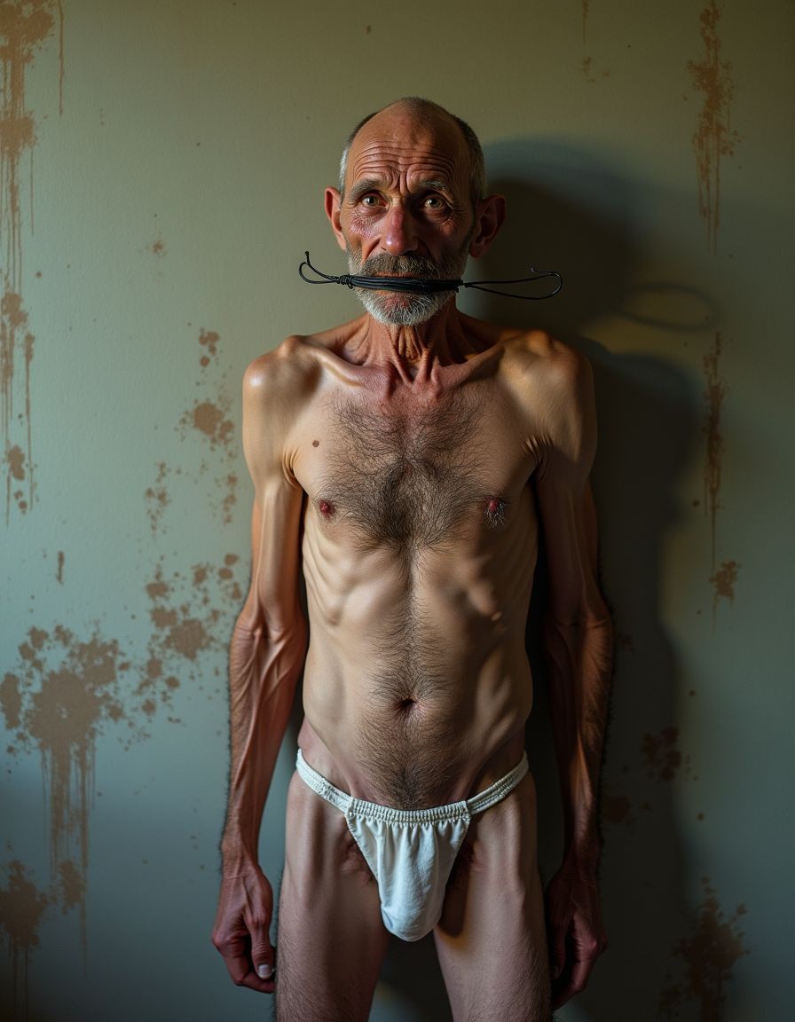 Un hombre mayor, muy delgado y de aspecto demacrado, posa de pie frente a una pared verde desgastada con desconchones, manchas de humedad y pintura levantada. Está sin camiseta, con el torso desnudo marcado por costillas, clavículas prominentes, venas visibles y vello en el pecho, vistiendo únicamente una prenda interior blanca tipo suspensorio o calzoncillo ajustado. Su rostro serio, calvo y con barba canosa transmite tensión o vulnerabilidad, mientras sostiene entre los dientes un objeto metálico alargado con forma de alambre curvado. La iluminación lateral crea sombras duras que acentúan la textura de la piel, la delgadez extrema y el ambiente austero, casi clínico o decadente, de la escena.