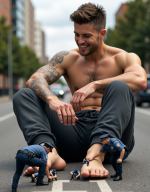 Hiper-realista render, detallado y preciso, un hombre gigante de 21 años, atractivo y musculoso, sin camiseta, con un físico impresionante y tatuajes, vestido con pantalones de chandal, sentado en la calle, mirando con curiosidad y diversión a 3 minúsculos policías que miden solo 1cm de altura, ubicados cerca de sus enormes pies descalzos, los pequeños policías están en diferentes poses, algunos mirando hacia arriba hacia el gigante con admiración, otros inspeccionando las suelas de los pies, con expresiones serias y profesionales, a pesar de su tamaño, el gigante scally lad tiene una sonrisa amigable y una actitud relajada, mientras disfruta del espectáculo de los minúsculos policías, la escena tiene un ambiente de fantasía y surrealismo, con un fondo de ciudad con edificios y coches a lo lejos, pero el enfoque está en el gigante y los minúsculos policías, con texturas y detalles realistas, iluminación suave y cálida, y un toque de humor y juego en la situación.