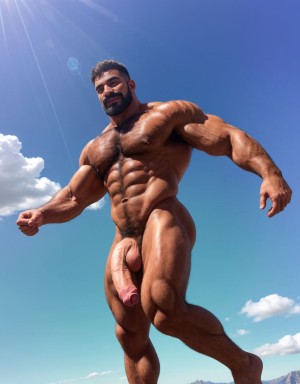 Hombre atractivo y viril, moreno, desnudo, delgado, pene erecto, testículos grandes y velludos, pecho y brazos velludos, cara delgada, cabello rubio, trasero perfecto, atractivo y viril, mentón grande, hoyuelo, músculos definidos, bigote. Está volando horizontal entre las nubes blancas del cielo azul  Cuerpo delgado. Tiene mucho vello en el cuerpo entero.