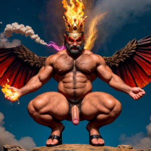 Cneo Pompeyo Magno desnudo con pene grande y testículos grandes peludos. Hombre Catón y hombre Cicerón están desnudos andando y cerca de Cneo Pompeyo Magno. Doblan el brazo derecho para enseñar los bíceps del brazo derecho con gran orgullo. Tiene mucho vello por todo el cuerpo. Está agachado. Está bronceado. Las sandalias están bonitas. Tiene corona de oro. Tiene alas de diablo negras y rojas oscuro. Tiene cara de malvado y serio. Por su boca sale un chorro de fuego y humo blanco. Los brazos están hacia arriba implorando rayos y fuego. El fuego sale del pene a chorros hacia arriba de su pene erecto tieso hacia arriba. Sus ojos son grandes y rojos. Está de perfil enseñando sus grandes testículos. Se ve de lado apreciándose su gran pene y sus testículos negros