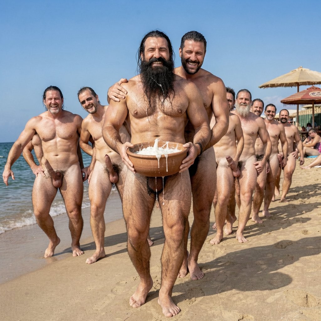A hyperrealistic and extremely detailed photograph taken at high noon on the nudist beach of El Playazo, Vera Playa, Almería, with intense golden sunlight and perfect cinematic lighting. Every single man is completely naked, cocks and asses fully exposed. Hipsterbarba, the 42-year-old Spanish muscle bear in absolute peak competition condition, leads the absurd conga line walking barefoot along the hot sand near the water’s edge. His body is breathtakingly muscular with an ultra-sharp eight-pack, enormous striated pectorals, ridiculously wide shoulders, thick vascular arms, powerful tree-trunk legs covered in dense black hair and an extreme V-taper waist. His legendary ultra-long and thick Bandholz beard, black with some silver strands, swings heavily over his massive hairy chest with every step. He holds the large traditional clay bowl with both hands; the bowl is completely full of thick white cum mixed with water, sloshing and splashing slightly as he walks. Right behind him, the dominant 40-year-old ripped muscular man presses his body tight, gripping Hipsterbarba’s long beard like a leash with one hand while his other hand rests on his wide hips, his own thick cock still half-hard and brushing against Hipsterbarba’s hairy ass. The rest of the group forms a long naked conga line snaking across the sand: dozens of men aged 30 to 55, all completely nude, drunk and laughing, each with hands on the hips of the man in front, swaying their hips in ridiculous synchronized rhythm. Their flushed faces show pure drunken joy, sweat glistens on every naked body, dense body hair looks wet and matted, heavy balls swing between their legs as they walk. The clay bowl full of milky lefa is the center of attention, some drops already dripping down Hipsterbarba’s thick forearms and hairy thighs. Bright sunlight creates strong highlights on flushed skin, veiny muscles, individual wet hair strands, the glossy white liquid inside the bowl and the dozens of exposed cocks and asses moving in the conga. Other nudists on the beach turn their heads, some laughing and pointing while the chiringuito El Pirata stands visible in the background under a cloudless blue sky. Extreme photorealistic detail on every muscle fiber, realistic skin and hair texture, drunken joyful expressions and the raw, explicit public group scene full of dominance, chaotic happiness and a long line of naked drunk men parading their cum-filled bowl along the sand in a ridiculous conga.