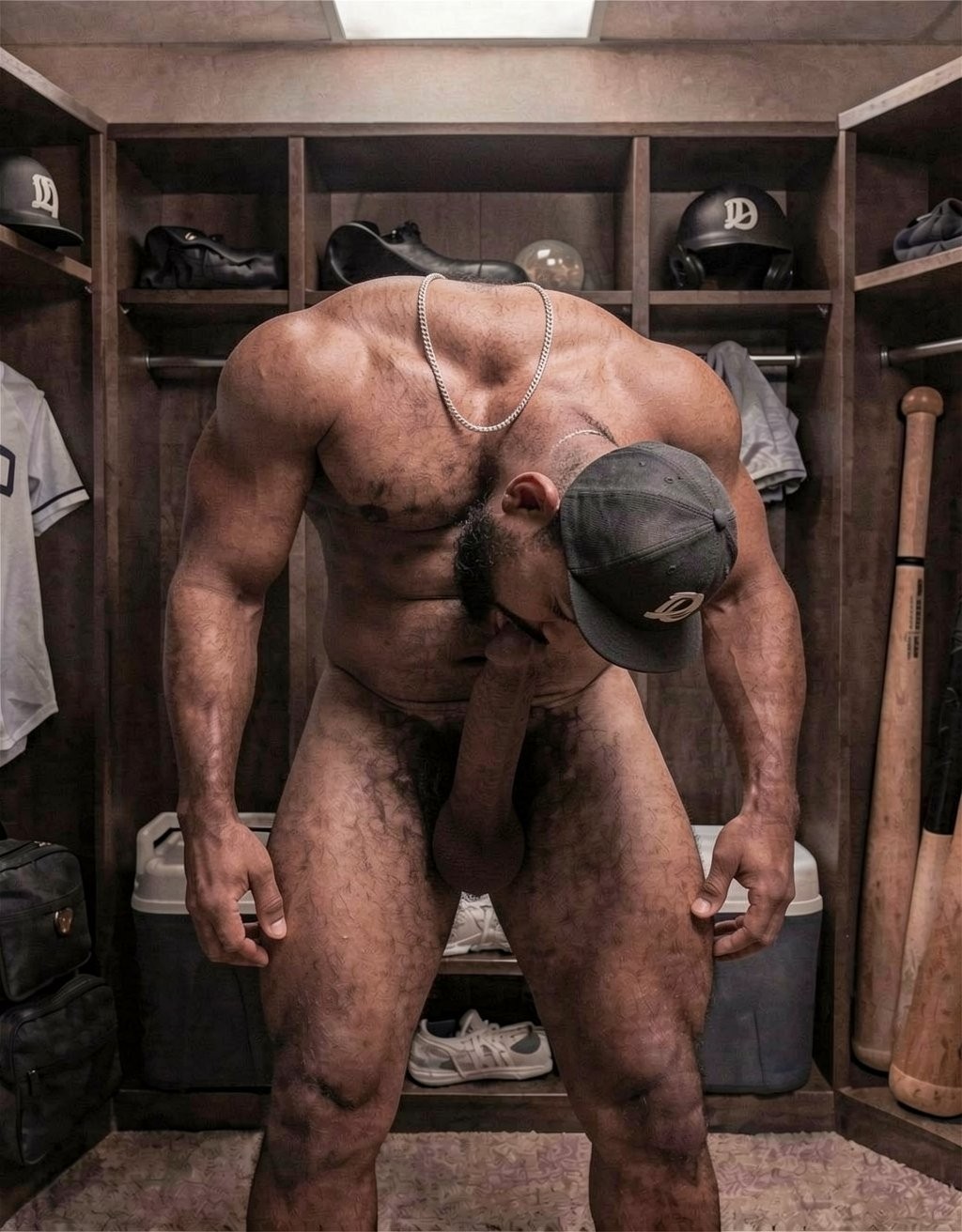 Naked and very muscular man standing in a sports locker room, with his head tilted downward and a black cap hiding part of his face. He wears a silver chain around his neck and shows his torso, arms and legs with great muscular definition, as well as visible body hair and the penis hanging in the center of the scene. The environment looks like a baseball locker room, with open wooden lockers, black helmets with a “D,” shirts, bags, sneakers and several bats leaning on the right. The overhead lighting highlights the skin, the heavy and athletic posture, creating an intimate, raw atmosphere of a professional locker room.