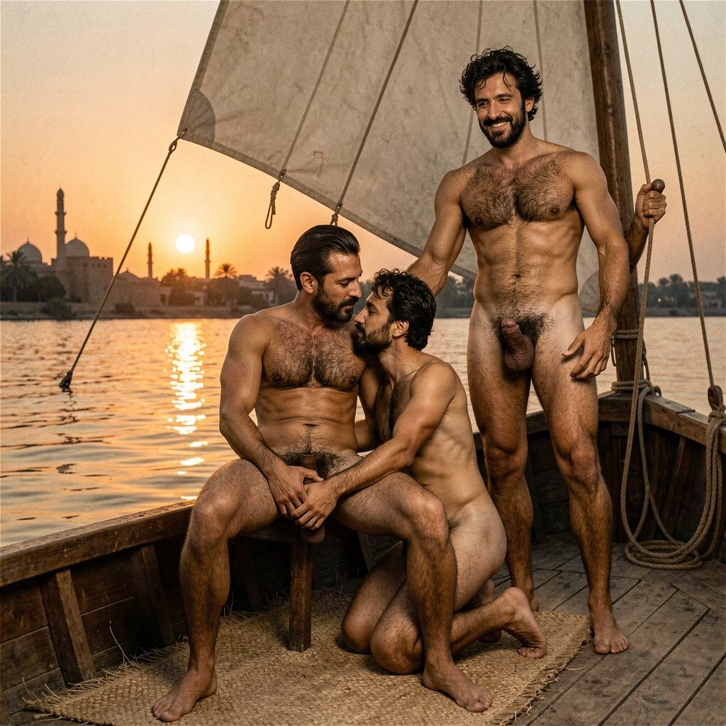 Three naked men pose on the deck of a wooden sailboat at sunset, with a sail raised, nautical ropes and a fiber rug on the planks. One is sitting with his legs open, another kneeling beside him looking at him closely, and the third remains standing holding onto a rope, smiling; their hairy torsos, musculature, pubic hair and visible penises are illuminated by warm light. In the background, the low sun reflects on the calm water and the silhouette of a riverside city with domes and minarets can be seen, creating an intimate, maritime and golden scene.