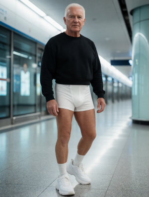 An older man with white hair and a serious expression poses standing in a modern subway or underground station corridor, with cold lighting, shiny floor and blurred glass doors or platforms in the background. He wears a black long-sleeved sweatshirt combined with tight white boxer briefs, high white socks and white sneakers, creating a striking contrast between casual upper clothing and visible underwear. His posture is firm, with one leg slightly forward and arms relaxed, while the urban, clean and bright environment reinforces a minimalist, somewhat surreal and conceptual fashion aesthetic.