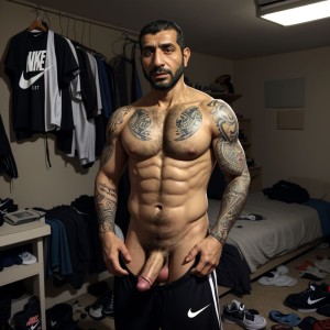 árabe de 40 años, barbudo , tatuado, pene visible, vistiendo zapatillas Nike, pantalones deportivos bajados, torso desnudo, tatuajes visibles, cabello despeinado, mirada descarada, fondo de habitación desordenada, ropa tirada, luz tenue, ambiente relajado, piel bronceada, musculatura definida.
