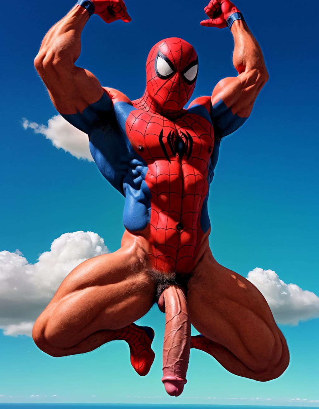 Spiderman velludo musculoso totalmente desnudo volando acostado en horizontal sobre una nube en cielo azul. Tiene pene grande .