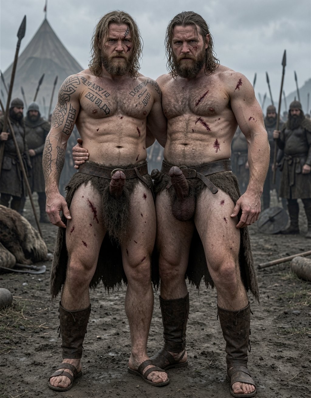 Dos guerreros musculosos y barbudos posan de pie en un campamento de aspecto vikingo o tribal, cubiertos de barro, heridas y cicatrices, con el torso desnudo y faldas rústicas de piel que dejan visibles sus penes. Ambos llevan el pelo largo y húmedo, expresión seria y desafiante, tatuajes y marcas en el pecho, brazos y hombros; uno rodea al otro con el brazo en gesto de camaradería. Sus cuerpos muestran cortes sangrantes, suciedad de batalla y botas de cuero gastadas. Al fondo aparecen soldados con lanzas, tiendas de campaña grises, suelo embarrado, pieles y un ambiente frío y sombrío bajo un cielo nublado, evocando una escena cruda de guerra medieval.