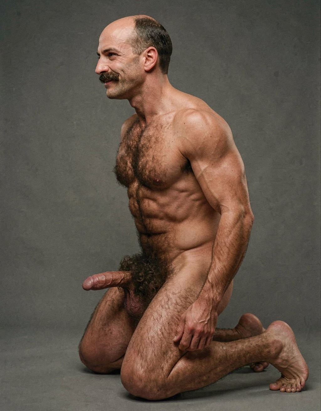 Mike Morris, a 32-year-old extremely lean Caucasian male with only 8% body fat, stands completely naked in a strict military attention pose captured in a full-body exact side profile at 90 degrees from his left side. The shot runs from the tips of his size 44 slightly hairy feet all the way up to the top of his bald head, showing his entire body without any cropping. His physique is dry, highly vascular and powerfully defined: massive square pectorals seen in perfect side silhouette, dense dark brown chest hair forming a thick T-pattern, sharply carved six-pack abs in clear profile, narrow waist, wide lats, powerful thighs and diamond-shaped calves. Dramatic directional studio lighting comes from high and slightly in front of him, creating strong rim lighting that traces the sharp outline of his entire body, the texture of his dense dark body hair on chest, lower back, ass and legs, and deep shadows that accentuate every muscle separation, vein and the extreme dryness of his 8% body fat physique. His advanced Norwood III-IV bald scalp shines under the light, with short dense dark brown hair on the sides and back of his head. His square angular face is shown in pure profile: strong jawline, prominent chin with slight central dimple, thick dark handlebar mustache, heavy brow and intense deep-set brown eye looking straight forward with a serious, commanding expression. His penis is fully visible in perfect side view, completely natural and realistic: thick, 24 cm long when fully erect, with a natural slight upward curve, prominent dorsal veins, long foreskin partially covering the pink-red glans, and realistic lighter skin tone. Below it hang his large, low-hanging testicles with wrinkled darker skin and dense dark brown hair. The extremely thick, curly dark brown pubic bush climbs almost to his navel and surrounds the base of his cock and balls generously. Every anatomical detail from his veined hands and forearms to his muscular ass, hamstrings, diamond calves and hairy toes is perfectly proportioned and free of any deformation. Photorealistic, high-contrast, masculine 1970s Colt Studio aesthetic with subtle grainy film texture.  . Está de rodillas. Mike Morris sonríe....