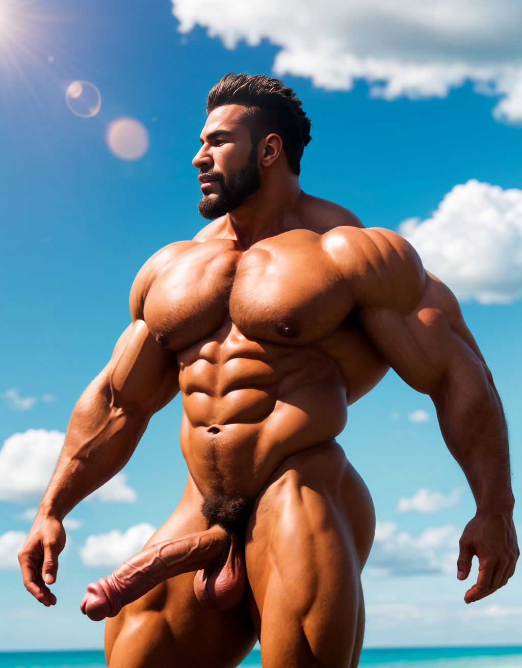 Dos hombres jóvenes musculosos y fibrosos, desnudos, con penes grandes, flotando entre nubes blancas. Tienen vello abundante en el pecho. Tienen testículos grandes. Cuerpos fuertes y viriles. Tienen una edad de 40 años. Están de espalda. Tienen una gorra blanca y lleva sandalias negras. Tienen el pelo largo. Está muy delgado y definido. Viril,  masculino, duro, pelo pecho, mano fuerte, cara dura, culo respingón, espaldas, 