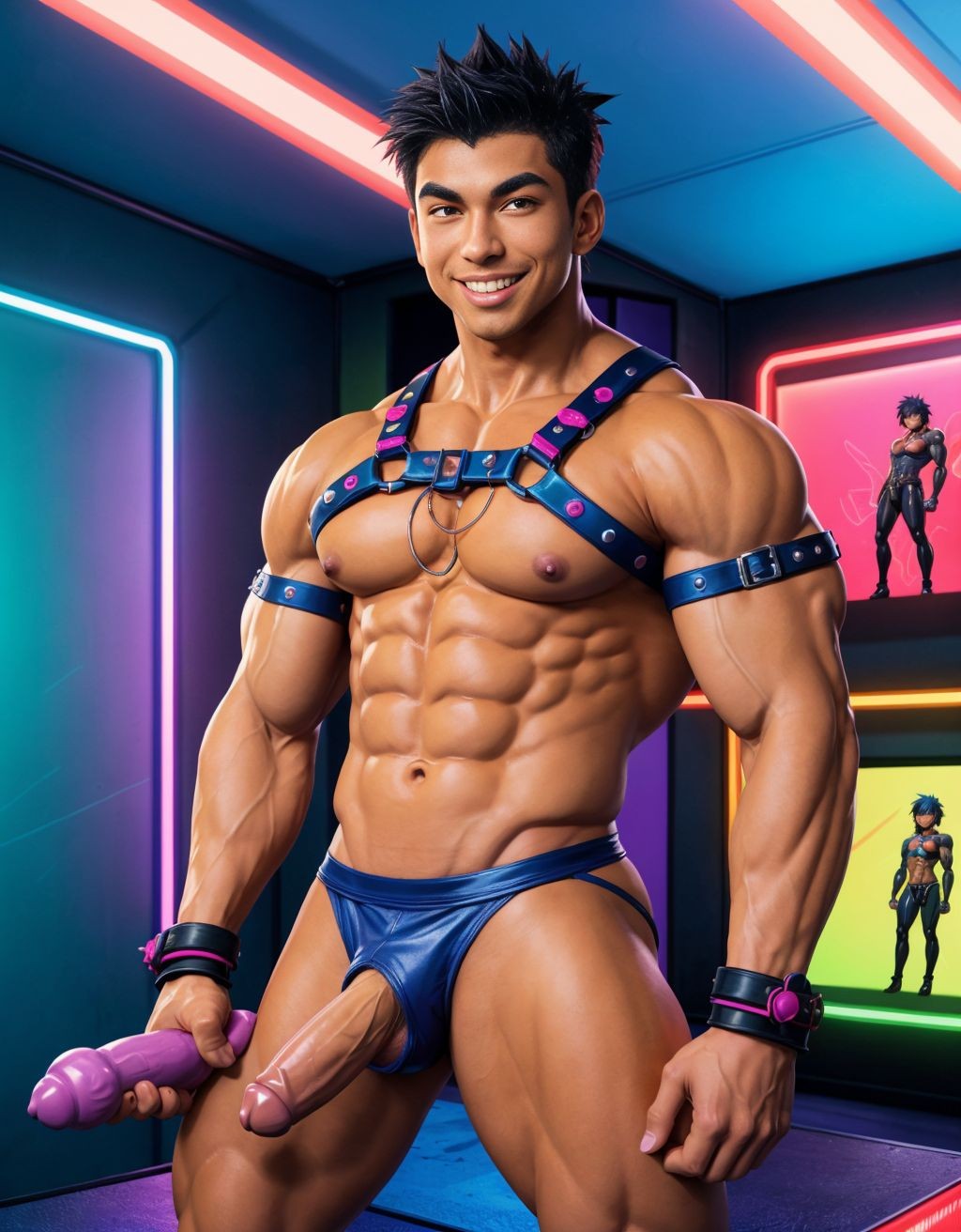 Hombre musculoso con arnés de cuero, en una habitación BDSM de estilo cómic, rodeado de dildos coloridos y juguetes sexuales, con una sonrisa provocativa, piel bronceada, músculos definidos, ropa interior ajustada, fondos oscuros y luces neon.