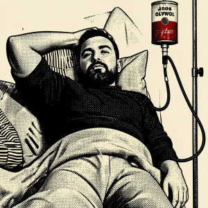 A bearded man rests reclining in a bed, partially covered by a blanket and propped on several pillows, with one hand behind his head and the other relaxed at his side. The scene has a black-and-white illustration style with comic-like dot screentone or pop art engraving, with details marked in the shadows and fabrics. On the right appears an intravenous drip hung from a metal stand, connected by a black tube, with a bag or bottle labeled “Tomato Soup” and a highlighted red area, adding an ironic or surreal touch to a situation of rest, convalescence, or medical treatment in bed.