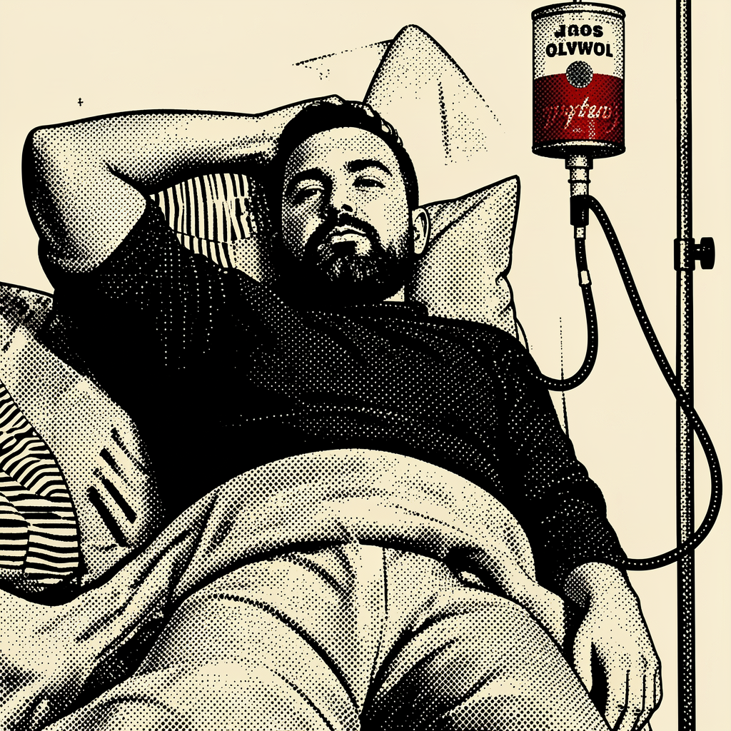 A bearded man rests reclining in a bed, partially covered by a blanket and propped on several pillows, with one hand behind his head and the other relaxed at his side. The scene has a black-and-white illustration style with comic-like dot screentone or pop art engraving, with details marked in the shadows and fabrics. On the right appears an intravenous drip hung from a metal stand, connected by a black tube, with a bag or bottle labeled “Tomato Soup” and a highlighted red area, adding an ironic or surreal touch to a situation of rest, convalescence, or medical treatment in bed.