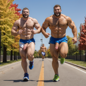 Hombre totalmente desnudo musculoso con pene grande, está corriendo junto a otro hombre totalmente desnudo con pene grande tieso y testículos grandes peludos. 