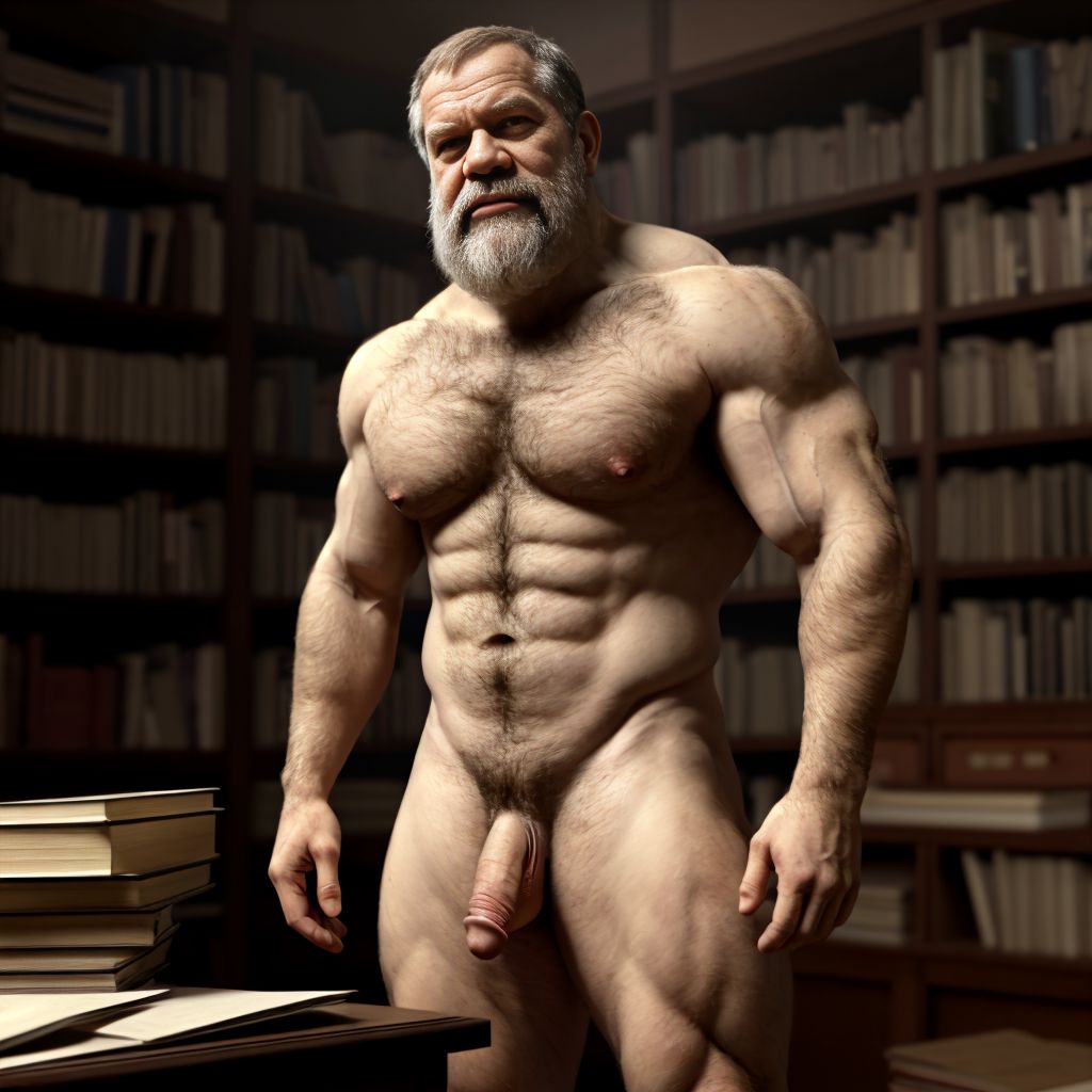 Louis Pasteur musculoso desnudo musculoso. Tiene el pecho velludo y brazos velludos. Está de pie. Está totalmente desnudo musculoso. Tiene pene grande erecto. Tiene testículos grandes. Tiene mucho vello y pelo. Foto muy realista texturas 8k. Está rodeado de libros con el símbolo comunista. Acompañan tres hombres desnudos velludos. Es el padre de la filosofía del comunismo moderno y el socialismo científico.