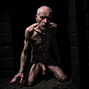 Hombre de 70 años, maniatado, escupido, con saliva en la cara, cuerpo desnudo, delgadito, en una mazmorra oscura, grilletes en las muñecas, mirada de sumisión, cuerpo cubierto de saliva y sudor, iluminación tenue, atmósfera opresiva.