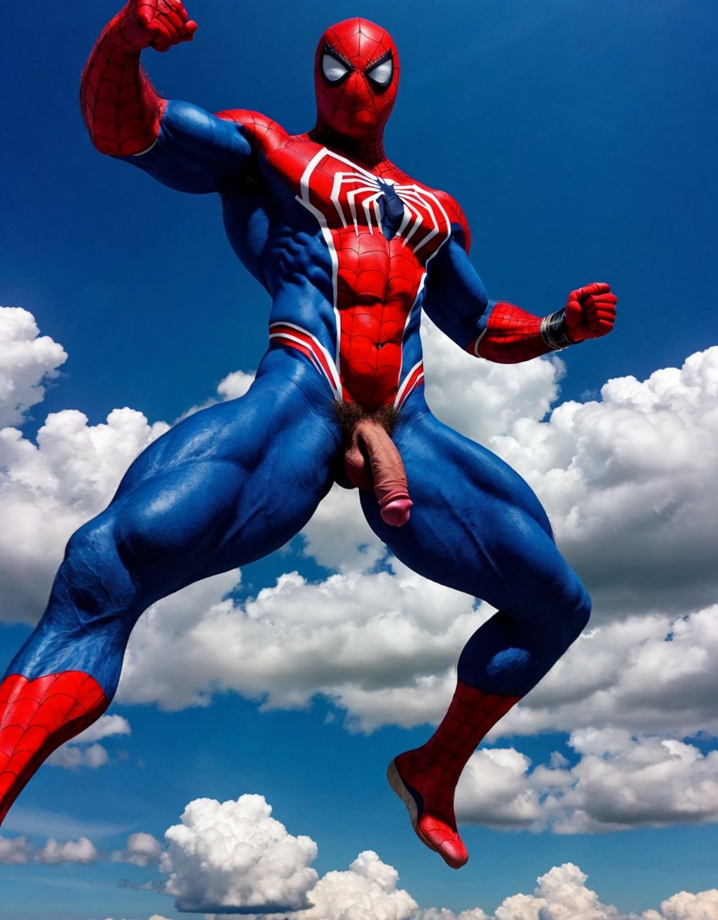 Spiderman velludo musculoso totalmente desnudo volando sobre una nube en cielo azul. Tiene el pene grande. Tiene los huevos grandes y peludos. Volando.