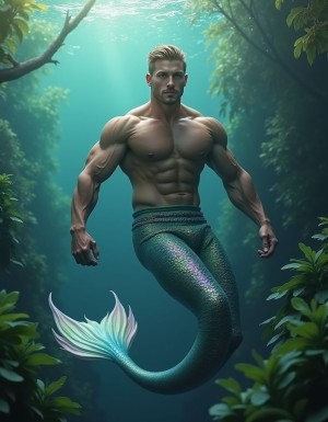 Hyper realistic Photo 8k. A handsome muscled mermaid with short hair with a colorful and iridescent tail. He swims in an underwater kelp forest, hair floating weightlessly behind him, as sunlight from the surface streams down and dapples the surroundings.