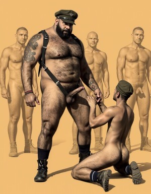 Dibujo realista. Amo barbudo tatuado e hiper masculino, muy musculoso pero muy delgado, con arnés. Tiene un gran pene erecto. Lleva gorra militar y lleva anillos en los pezones, Un esclavo de rodillas. Respeta la forma y la proporción del cuerpo y se fiel a la forma real sin distorsiones. Fondo de color ocre con hombres militares desnudos con sus penes a la vista del espectador y con los reflejos de las sombras de los cuerpos del amo y el esclavo. El amo y el esclavo tienen pene de 40 cm de longitud o y 7 cm de diámetro.