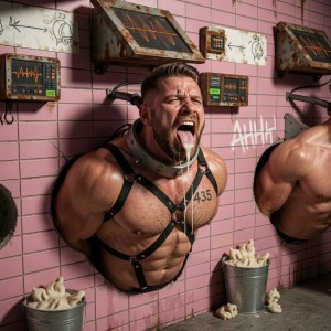Un hombre musculoso aparece encajado en una pared de azulejos rosas, con los brazos inmovilizados detrás y el torso desnudo sujeto por un arnés negro de cuero y un collar metálico grueso, en una escena de estética BDSM e industrial. Tiene la boca abierta, los ojos apretados y un hilo de saliva cayéndole por la barbilla, con el número 435 marcado en el pecho. Alrededor hay paneles electrónicos oxidados, pantallas con gráficos de ondas, cables y soportes metálicos, además de marcas de conteo en la pared. A un lado se ve parcialmente otro cuerpo masculino musculoso empotrado de forma similar. En el suelo hay cubos metálicos llenos de piezas blandas de látex o condones usados, reforzando el ambiente crudo, fetichista y de cautiverio.