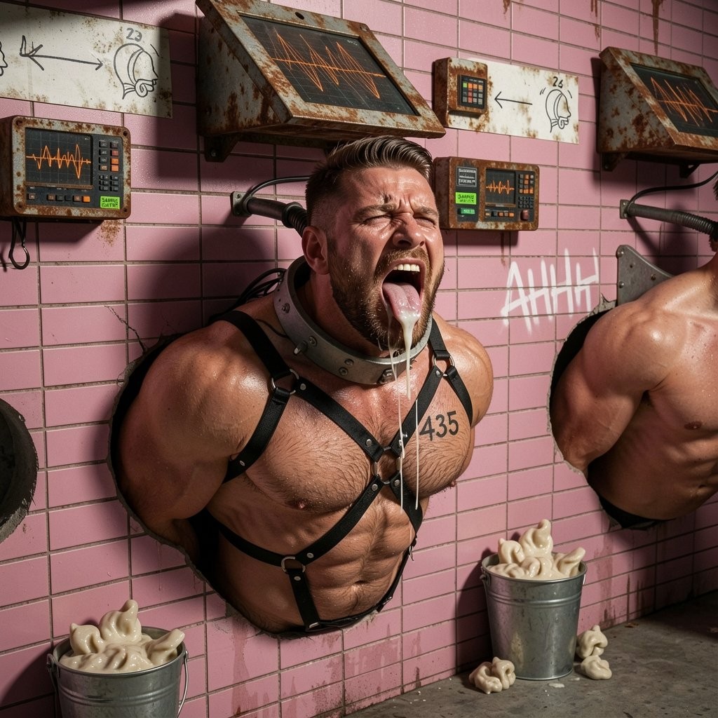 Un hombre musculoso aparece encajado en una pared de azulejos rosas, con los brazos inmovilizados detrás y el torso desnudo sujeto por un arnés negro de cuero y un collar metálico grueso, en una escena de estética BDSM e industrial. Tiene la boca abierta, los ojos apretados y un hilo de saliva cayéndole por la barbilla, con el número 435 marcado en el pecho. Alrededor hay paneles electrónicos oxidados, pantallas con gráficos de ondas, cables y soportes metálicos, además de marcas de conteo en la pared. A un lado se ve parcialmente otro cuerpo masculino musculoso empotrado de forma similar. En el suelo hay cubos metálicos llenos de piezas blandas de látex o condones usados, reforzando el ambiente crudo, fetichista y de cautiverio.