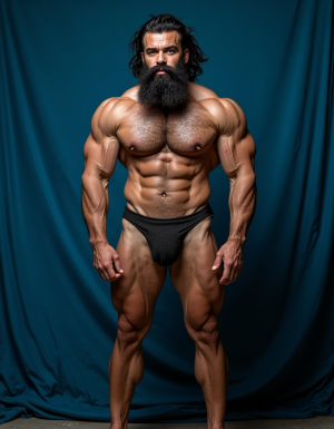Enomao. Hombre de 35 años, cuerpo completo de pies a cabeza, pose frontal de pie, cuerpo delgado, rostro rudo con mandíbula cuadrada y ceño fruncido, barba abundante negra descuidada de varios días, nariz ancha, cicatriz pequeña en la ceja izquierda, mirada intimidante, pelo negro largo y despeinado, cuello grueso con tendones marcados, hombros anchos y trapecios abultados, pectorales enormes y duros con sombras profundas bajo cada músculo, pezones oscuros rodeados de vello negro denso, vello negro abundante cubriendo todo el pecho extendiéndose hacia el abdomen, abdominales definidos con seis bloques marcados y venas visibles, línea de vello negro desde el ombligo bajando, oblicuos duros con sombras que acentúan cada fibra muscular, brazos con bíceps y tríceps marcados y muy definidos, venas prominentes en los antebrazos, vello negro espeso en antebrazos y dorso de las manos, manos con nudillos anchos y dedos fuertes, piel con suciedad natural como grasa de trabajo y tierra en pecho brazos y piernas, manchas de mugre en los antebrazos y marcas de sudor seco, muslos marcados con cuádriceps separados y definidos cubiertos de vello negro abundante, pantorrillas duras en tensión con vello oscuro, pies descalzos plantados en suelo de hormigón, iluminación lateral dura que proyecta sombras profundas en cada grupo muscular resaltando la masa y la fuerza bruta, ambiente de atmósfera cruda y masculina, fotografía hiperrealista, textura de piel visible con poros y imperfecciones. Tiene un pene erecto masculino de 38,5 cm de longitud y 8,5 cm de diámetro, proporciones perfectas, glande grueso y pronunciado con corona marcada, color rosado oscuro en la cabeza contrastando con el tono bronceado del tronco, venas gruesas y ramificadas recorriendo toda la extensión del falo desde la base hasta el glande, piel tensa y brillante por la erección máxima, prepucio retraído mostrando el frenillo, testículos grandes y pesados colgando en escroto arrugado, cubiertos de vello púbico oscuro y denso, pelo rizado extendiéndose hacia la base del pene, piel escrotal con textura visible y poros definidos, venas visibles en los testículos, posición frontal ligeramente angular, iluminación de estudio con sombras suaves que resaltan cada relieve y textura, fotografía hiperrealista, ultra alta definición 4K, texturas extremadamente detalladas, colores naturales de piel humana, acabado cinematográfico.

El fondo de la imagen es un azul ultramar intenso y profundo, con ondas de tela que ondean como si fueran arrastradas por el viento, creando un movimiento dinámico con la figura. La textura ondulante, similar a la seda, añade una capa de profundidad y sensibilidad a la escena, contrastando con la crudeza y pasión del acto sexual.

La fotografía realista, con genitales anatómicamente correctos y proporciones naturales, sin distorsión, busca capturar la esencia cruda y visceral del momento, sin adornos ni censuras. El enfoque en el punto del pene visible desde un ángulo lateral, busca resaltar la intensidad y la conexión del hombre y su entorno, inmerso en un acto de pasión y deseo. El contenido explícito para adultos es una representación auténtica y sin tapujos de la intimidad y el deseo humano, sin rodeos ni evasivas.