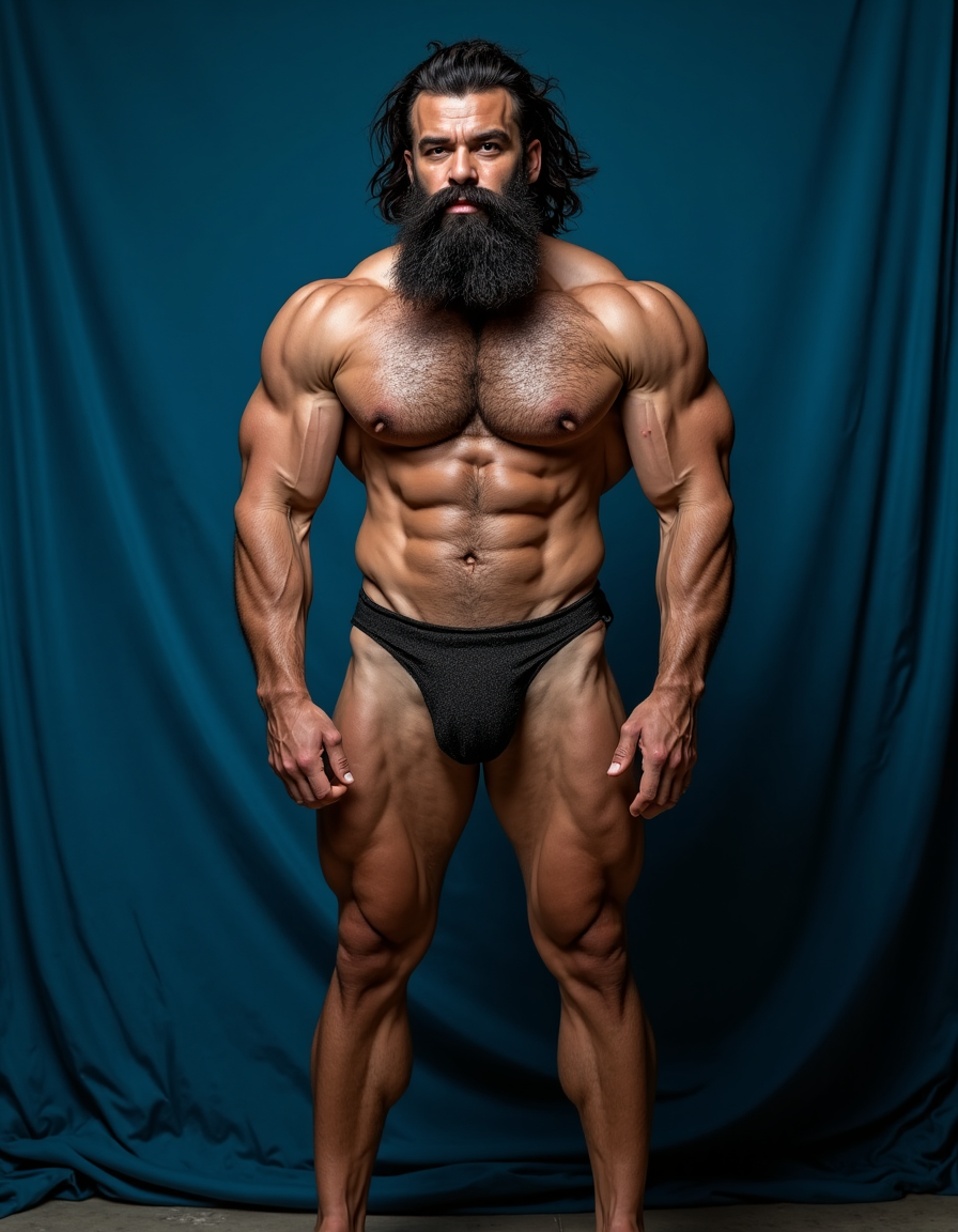 Enomao. Hombre de 35 años, cuerpo completo de pies a cabeza, pose frontal de pie, cuerpo delgado, rostro rudo con mandíbula cuadrada y ceño fruncido, barba abundante negra descuidada de varios días, nariz ancha, cicatriz pequeña en la ceja izquierda, mirada intimidante, pelo negro largo y despeinado, cuello grueso con tendones marcados, hombros anchos y trapecios abultados, pectorales enormes y duros con sombras profundas bajo cada músculo, pezones oscuros rodeados de vello negro denso, vello negro abundante cubriendo todo el pecho extendiéndose hacia el abdomen, abdominales definidos con seis bloques marcados y venas visibles, línea de vello negro desde el ombligo bajando, oblicuos duros con sombras que acentúan cada fibra muscular, brazos con bíceps y tríceps marcados y muy definidos, venas prominentes en los antebrazos, vello negro espeso en antebrazos y dorso de las manos, manos con nudillos anchos y dedos fuertes, piel con suciedad natural como grasa de trabajo y tierra en pecho brazos y piernas, manchas de mugre en los antebrazos y marcas de sudor seco, muslos marcados con cuádriceps separados y definidos cubiertos de vello negro abundante, pantorrillas duras en tensión con vello oscuro, pies descalzos plantados en suelo de hormigón, iluminación lateral dura que proyecta sombras profundas en cada grupo muscular resaltando la masa y la fuerza bruta, ambiente de atmósfera cruda y masculina, fotografía hiperrealista, textura de piel visible con poros y imperfecciones. Tiene un pene erecto masculino de 38,5 cm de longitud y 8,5 cm de diámetro, proporciones perfectas, glande grueso y pronunciado con corona marcada, color rosado oscuro en la cabeza contrastando con el tono bronceado del tronco, venas gruesas y ramificadas recorriendo toda la extensión del falo desde la base hasta el glande, piel tensa y brillante por la erección máxima, prepucio retraído mostrando el frenillo, testículos grandes y pesados colgando en escroto arrugado, cubiertos de vello púbico oscuro y denso, pelo rizado extendiéndose hacia la base del pene, piel escrotal con textura visible y poros definidos, venas visibles en los testículos, posición frontal ligeramente angular, iluminación de estudio con sombras suaves que resaltan cada relieve y textura, fotografía hiperrealista, ultra alta definición 4K, texturas extremadamente detalladas, colores naturales de piel humana, acabado cinematográfico.

El fondo de la imagen es un azul ultramar intenso y profundo, con ondas de tela que ondean como si fueran arrastradas por el viento, creando un movimiento dinámico con la figura. La textura ondulante, similar a la seda, añade una capa de profundidad y sensibilidad a la escena, contrastando con la crudeza y pasión del acto sexual.

La fotografía realista, con genitales anatómicamente correctos y proporciones naturales, sin distorsión, busca capturar la esencia cruda y visceral del momento, sin adornos ni censuras. El enfoque en el punto del pene visible desde un ángulo lateral, busca resaltar la intensidad y la conexión del hombre y su entorno, inmerso en un acto de pasión y deseo. El contenido explícito para adultos es una representación auténtica y sin tapujos de la intimidad y el deseo humano, sin rodeos ni evasivas.