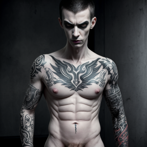 Presidiario extremadamente flaco, cara de malvado, desnudo, costillas visibles, rostro de pervertido degenerado, verga enorme, cuerpo completamente tatuado, mirada lasciva, piel pálida, ojos desorbitados, tatuajes oscuros y detallados, postura agresiva, ambiente oscuro y sombrío.