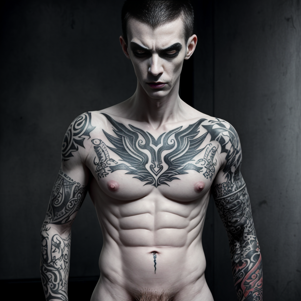 Presidiario extremadamente flaco, cara de malvado, desnudo, costillas visibles, rostro de pervertido degenerado, verga enorme, cuerpo completamente tatuado, mirada lasciva, piel pálida, ojos desorbitados, tatuajes oscuros y detallados, postura agresiva, ambiente oscuro y sombrío.