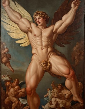 Pintura barroca. calidad fotográfica. . Siglo XVII. Hombre desnudo,  muy fornido y musculoso volando con alas como si fuera ángel, con los genitales  al aire, la composición tiene los colores y el aspecto de un óleo barroco