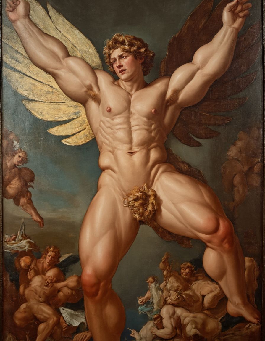 Pintura barroca. calidad fotográfica. . Siglo XVII. Hombre desnudo,  muy fornido y musculoso volando con alas como si fuera ángel, con los genitales  al aire, la composición tiene los colores y el aspecto de un óleo barroco