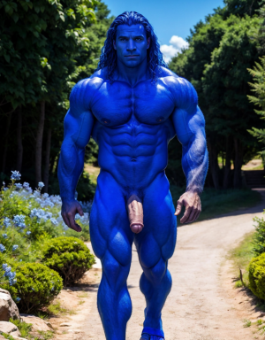 Hombre azul desnudo musculoso azul, tiene pene color azul, tiene testículos color azul. Tiene sandalias azules. Tiene mucho vello. Tiene pelo azul largo ondulado azul. Tiene pezones grandes largos y puntiagudos: 1.9. Está andando por un camino en el campo con flores azules.