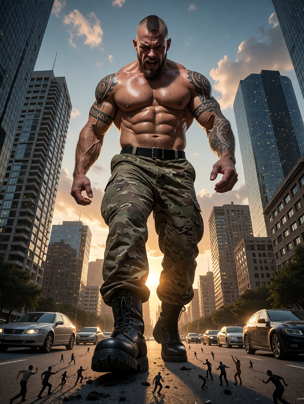 A gigantic and extremely muscular man advances along an urban avenue between skyscrapers, with his torso bare, marked abs, huge arms covered in tribal tattoos and an aggressive expression of fury as he looks down. He wears military camouflage pants, a black belt and heavy tactical boots that crush the asphalt, raising cracks and debris next to tiny people who run terrified at his feet. The scene has a cinematic and fantastic tone, with cars stopped on both sides of the street, tall buildings in perspective, sunset sky with illuminated clouds and a golden light that reinforces the sensation of chaos, enormous force and threat in the middle of the city.