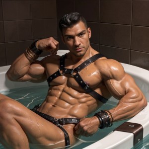 Hombre musculoso desnudo, arnés de cuero, muñequeras y brazaletes de cuero, relajado en jacuzzi con agua burbujeante, músculos definidos, piel bronceada, mirada sensual.