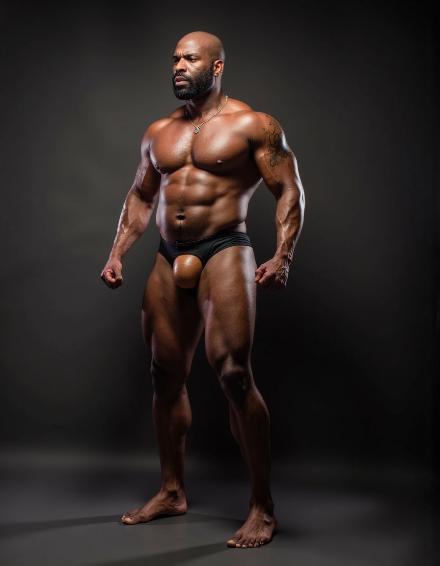 Hombre negro de 50 años con complexión fuerte y musculosa, destacando sus bien definidas abdominales, de pie en una pose poderosa y segura de sí mismo. Su piel morena brilla con un toque de sudor, realzando su físico atlético. Está completamente desnudo, mostrando su cuerpo tonificado en todo su esplendor. Su atención se centra en su atributo más destacado: una erección impresionante de 26 cm, firme y erguida, con un glande bien definido y un tronco grueso. Un arnés negro de cuero ajustado ceñido a su cintura resalta su cadera y realza su erección, dándole un toque de eroticismo y confianza. La iluminación es cálida y suave, con sombras que resaltan cada músculo y cada curva de su cuerpo, creando un ambiente sensual y provocativo. La imagen es hiperrealista, con detalles de alta calidad que capturan cada textura y cada movimiento, invitando al espectador a sumergirse en la escena.